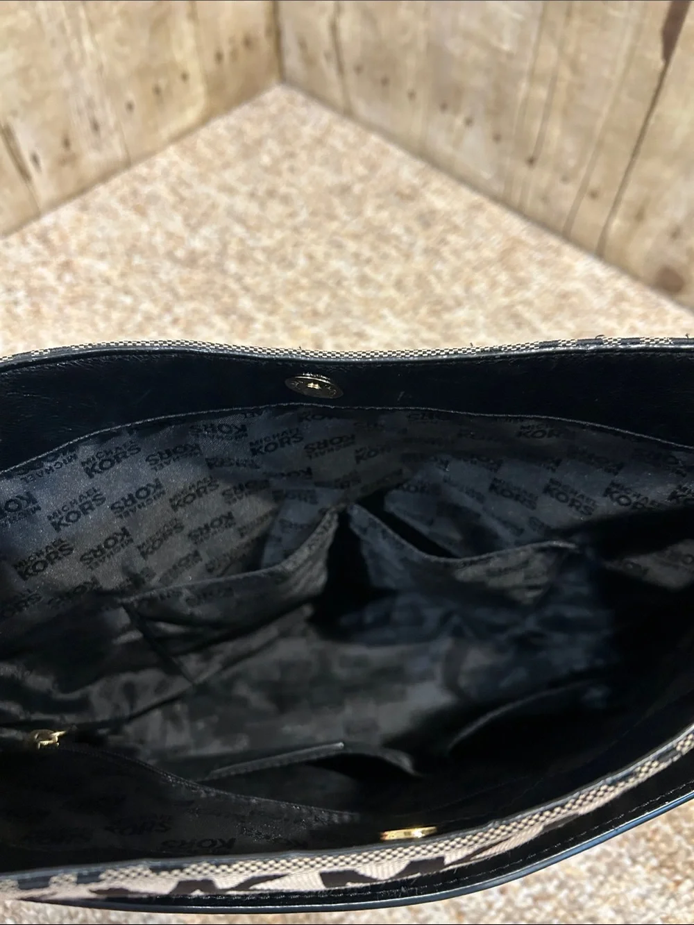 Michael Kors Black & Beige MK Logo Bucket Shoulder Bag Gold Hardware
